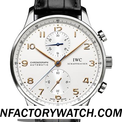 萬國IWC 葡萄牙計時 IW371445 實心316L精鋼錶殼 淡藍色鍍膜防劃藍寶石水晶 白色錶盤金色刻度-rhid-117555